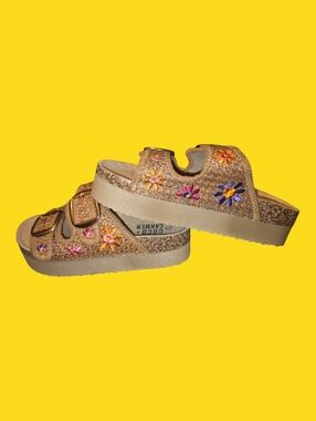 Coco + Carmen Gold Embroidered Floral Wedge Sandals